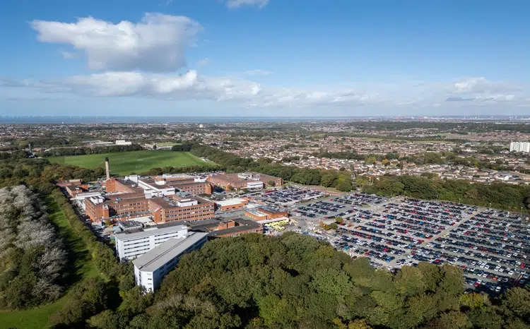 Aerial view of NHS Arrowe Park Teaching Hospital buildings, Wirral,