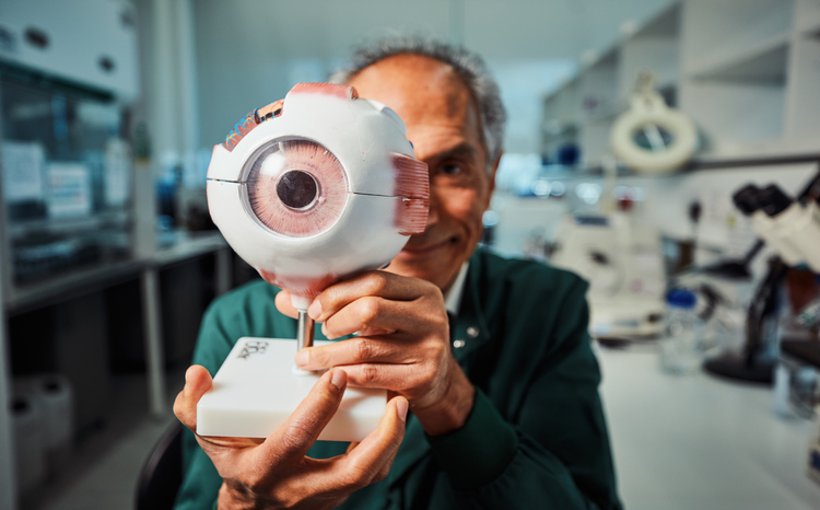 Man holds up a model of an eyeball
