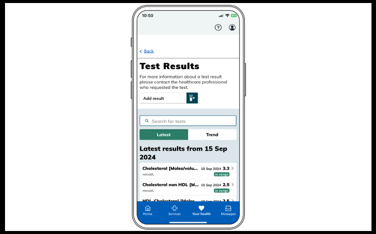 A phone showing how patients see test results in an NHS App screen