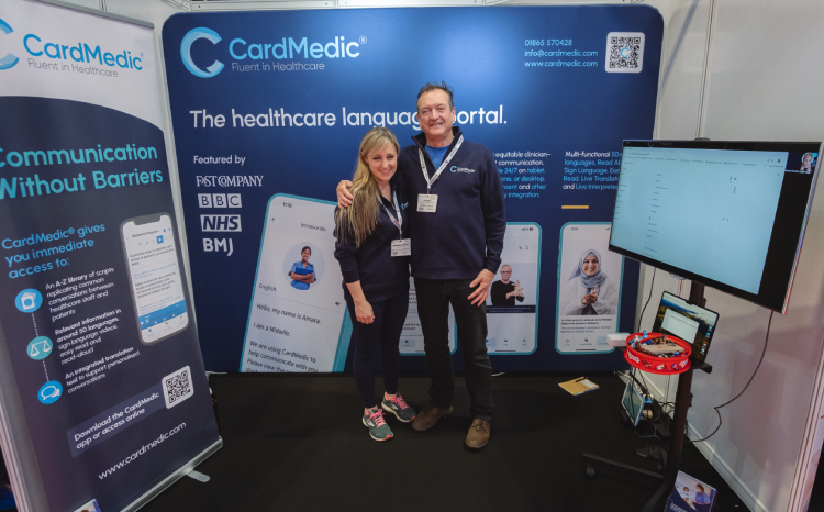 Rachel Grimaldi and Jim Gabriel at the CardMedic stand on the Rewired 2025 showfloor